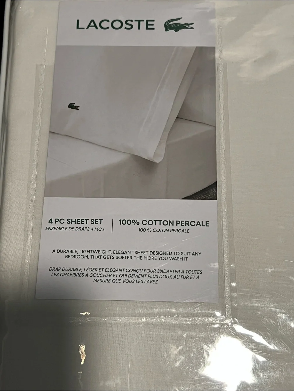 Lacoste White Queen Cotton Percale Sheet Set with Embroidered Croc